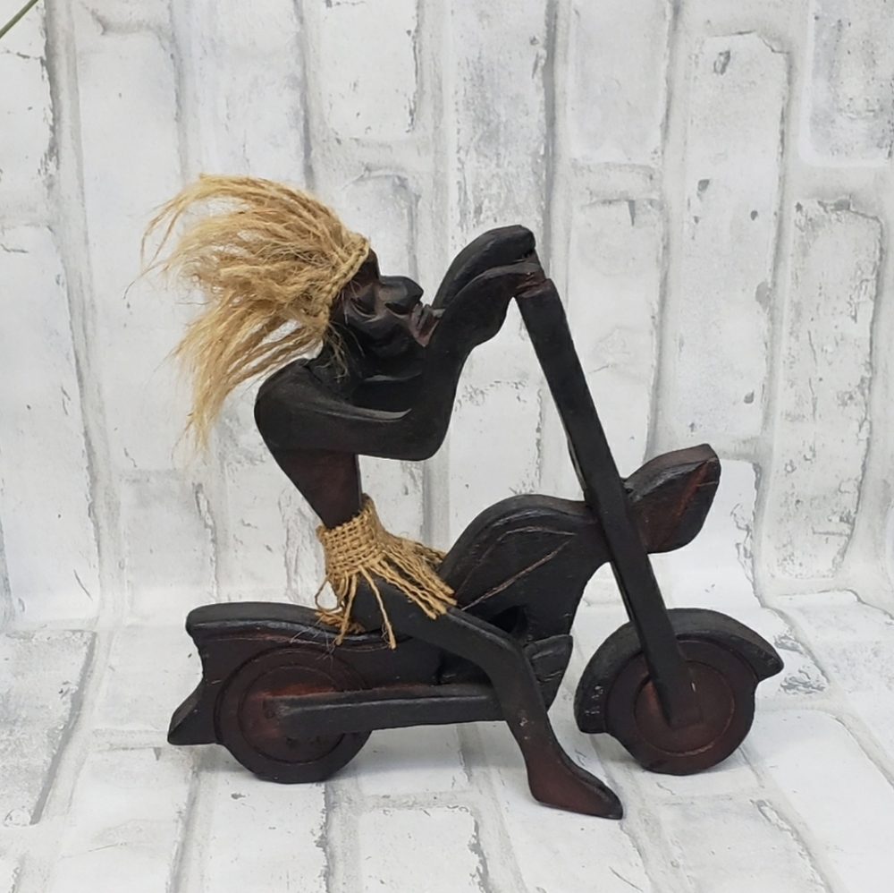 Primitive Tiki Tribal Man on Hand Carved Wooden Motorcycle Rider Sculpture